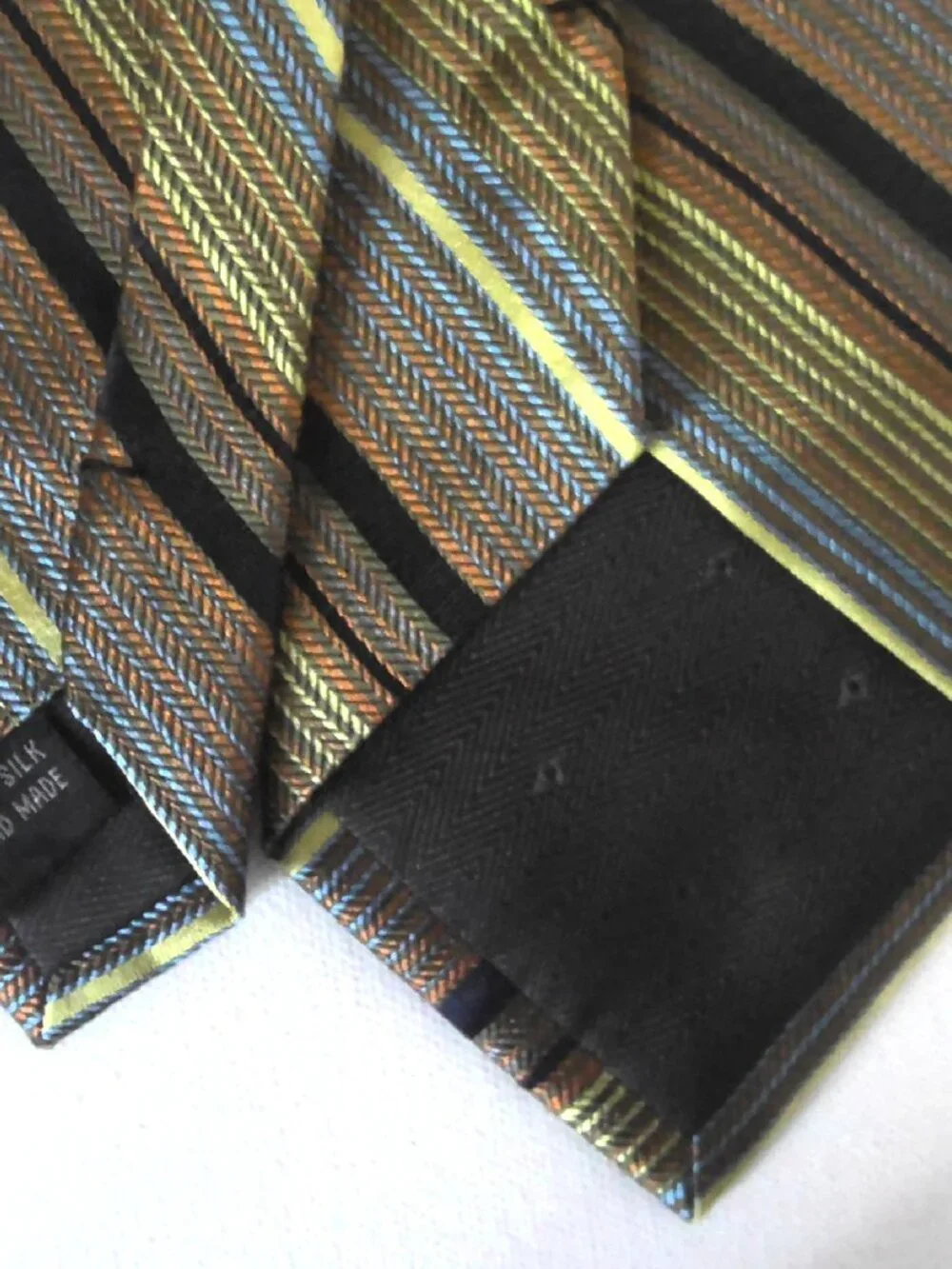 Bruno Piattelli Roma Men's Neck Tie Black Bronze Blue & Light Gold Striped Silk